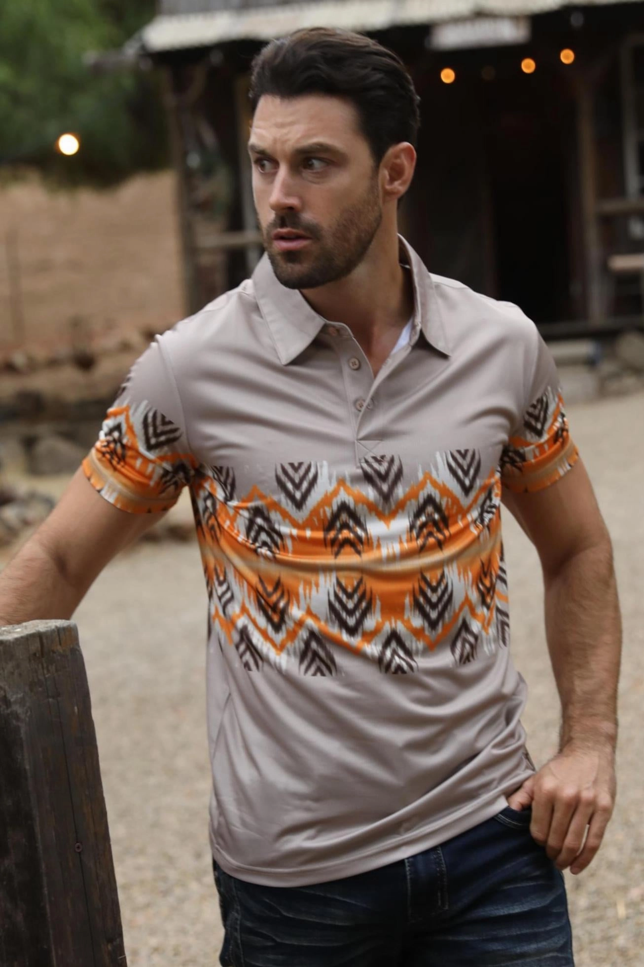 Lightweight Shirt Men's Performance Fabric Aztec Panoramic Print Khaki Polo