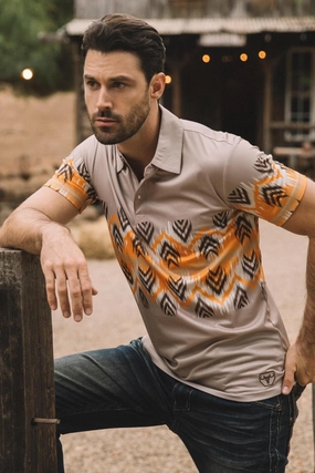 Comfort Fit Breathable Style Men's Performance Fabric Aztec Panoramic Print Khaki Polo