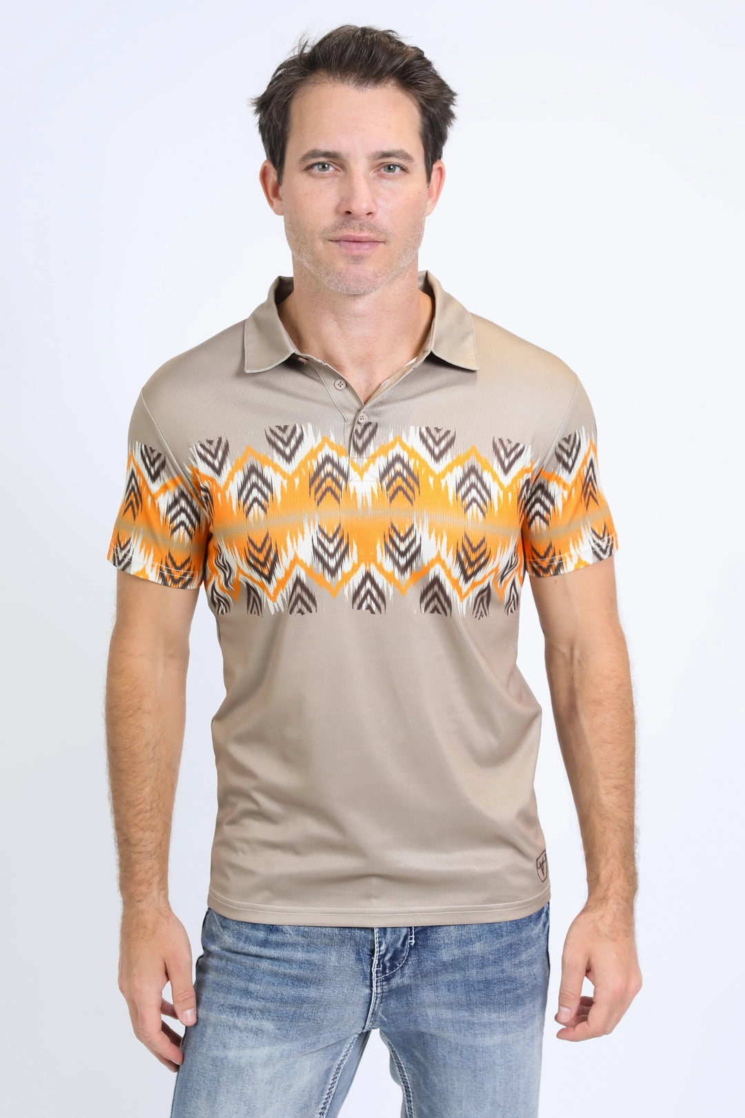 Men's Performance Fabric Aztec Panoramic Print Khaki Polo Layered Vibe