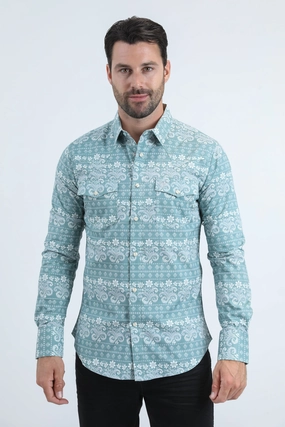 Summer Outfit Perfect Layering Mens Western Modern Fit Cotton/Spandex Long Sleeve Blue Shirt with Snaps