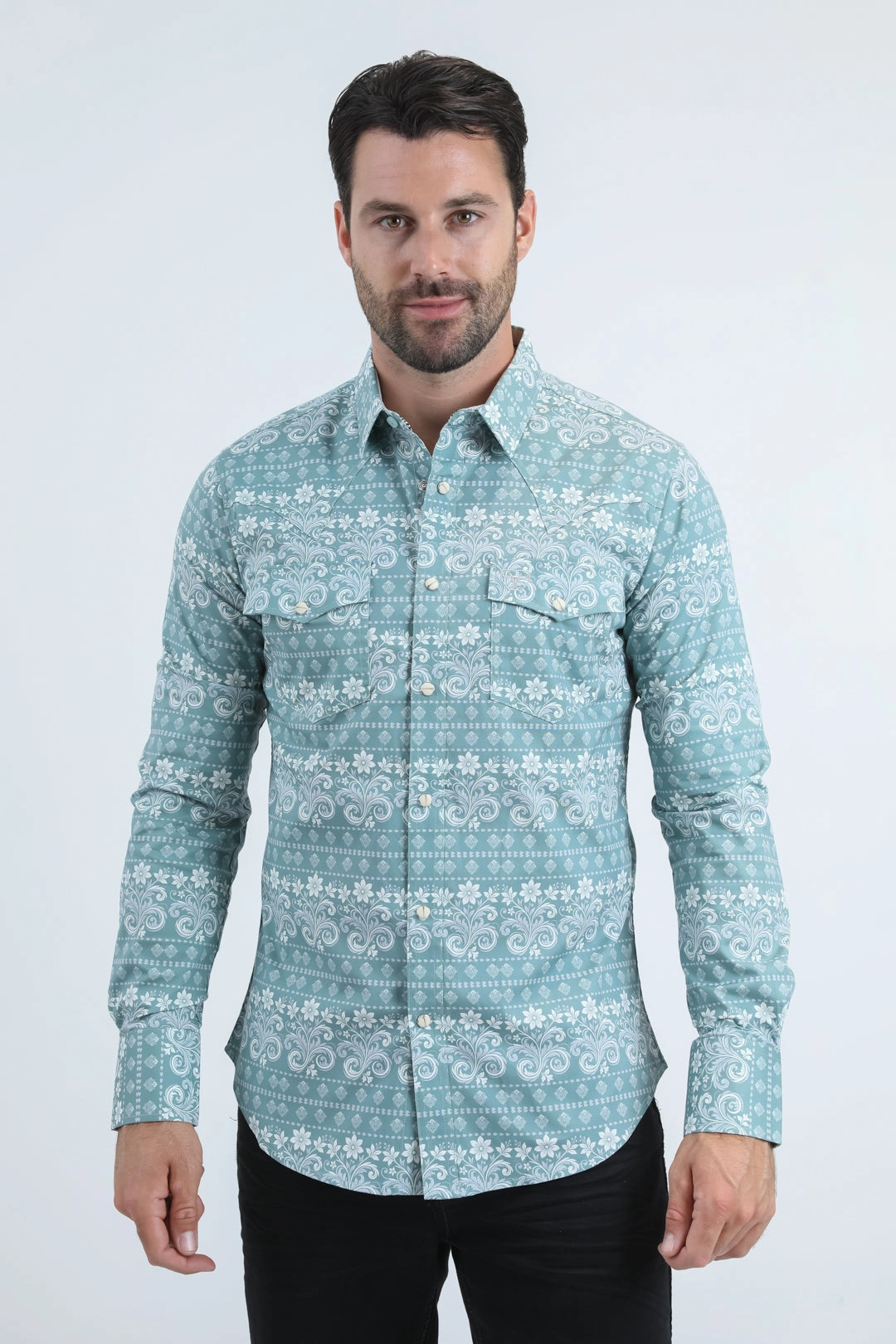 Summer Outfit Perfect Layering Mens Western Modern Fit Cotton/Spandex Long Sleeve Blue Shirt with Snaps