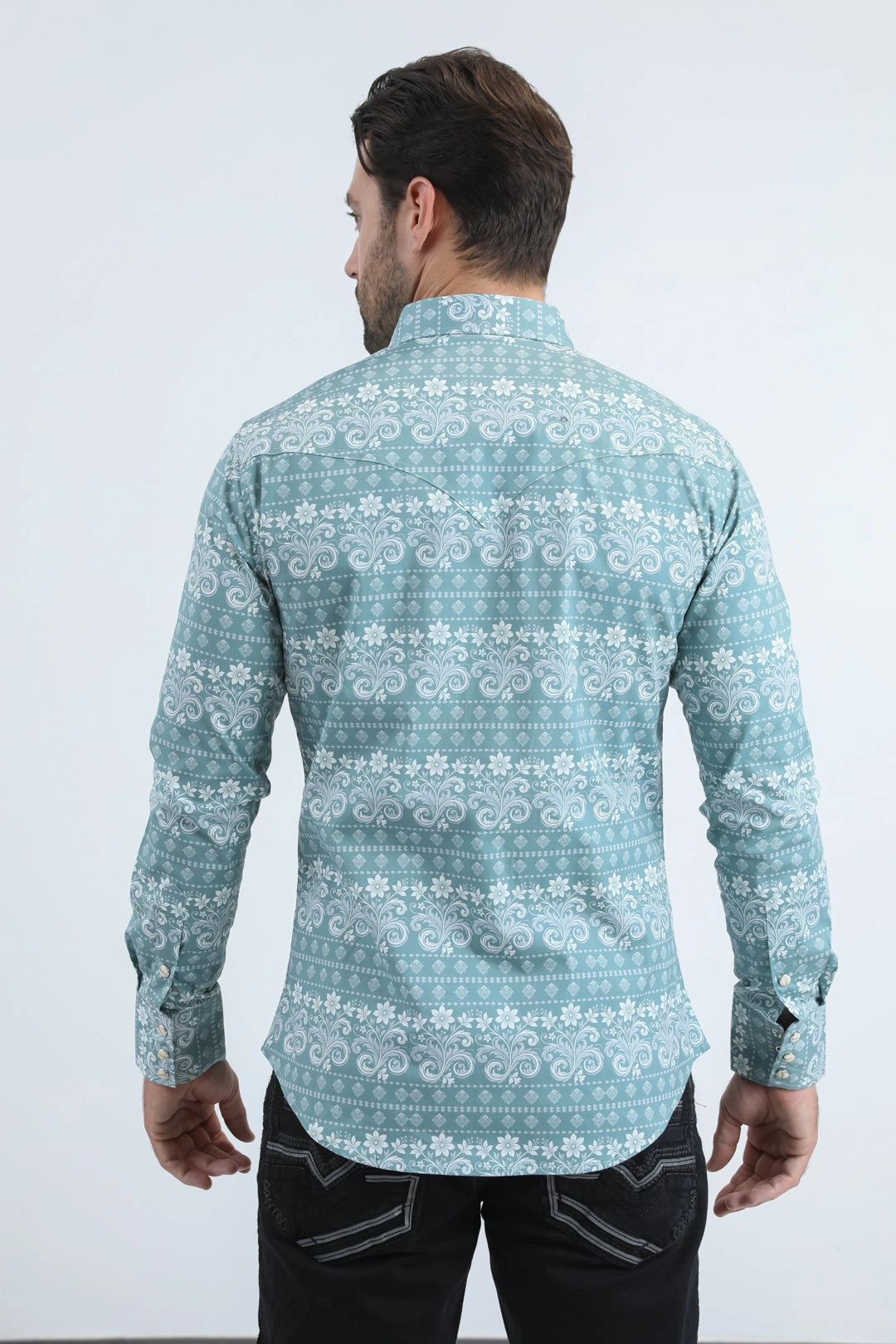 Mens Western Modern Fit Cotton/Spandex Long Sleeve Blue Shirt with Snaps Day-To-Night Wear