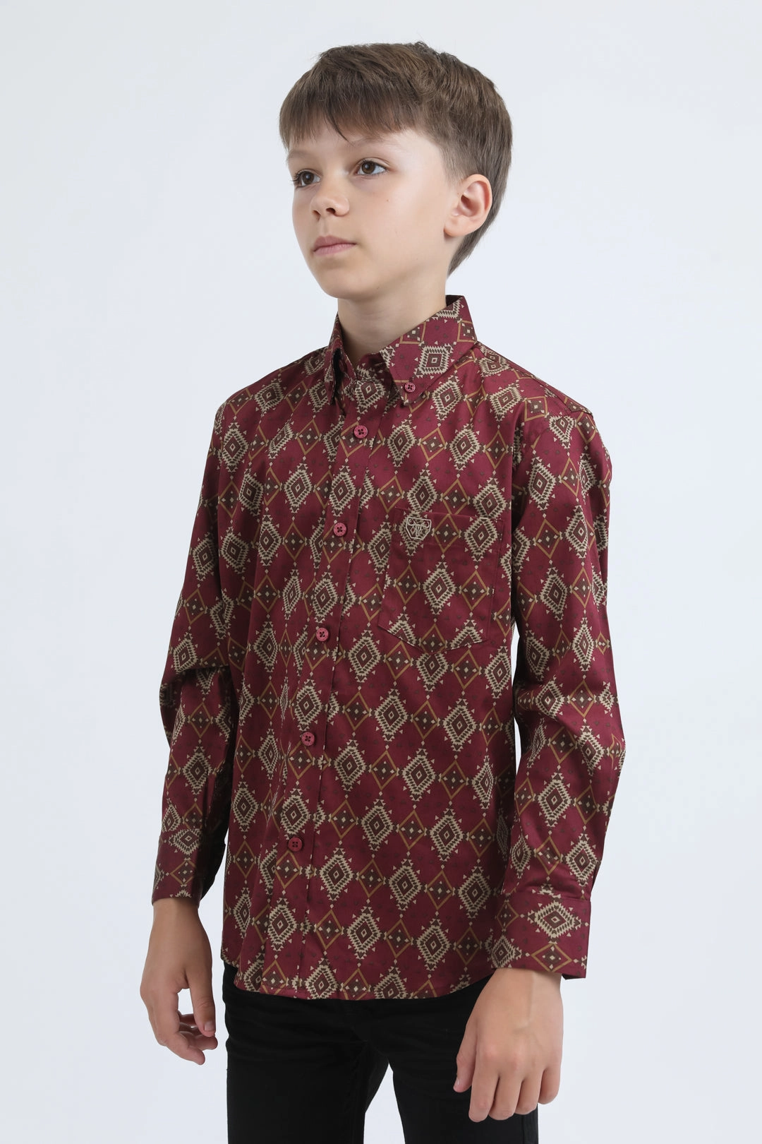Kid's Cotton Monogram Digital Print Burgundy Dress Shirt Tailored Silhouette Winter Fashion