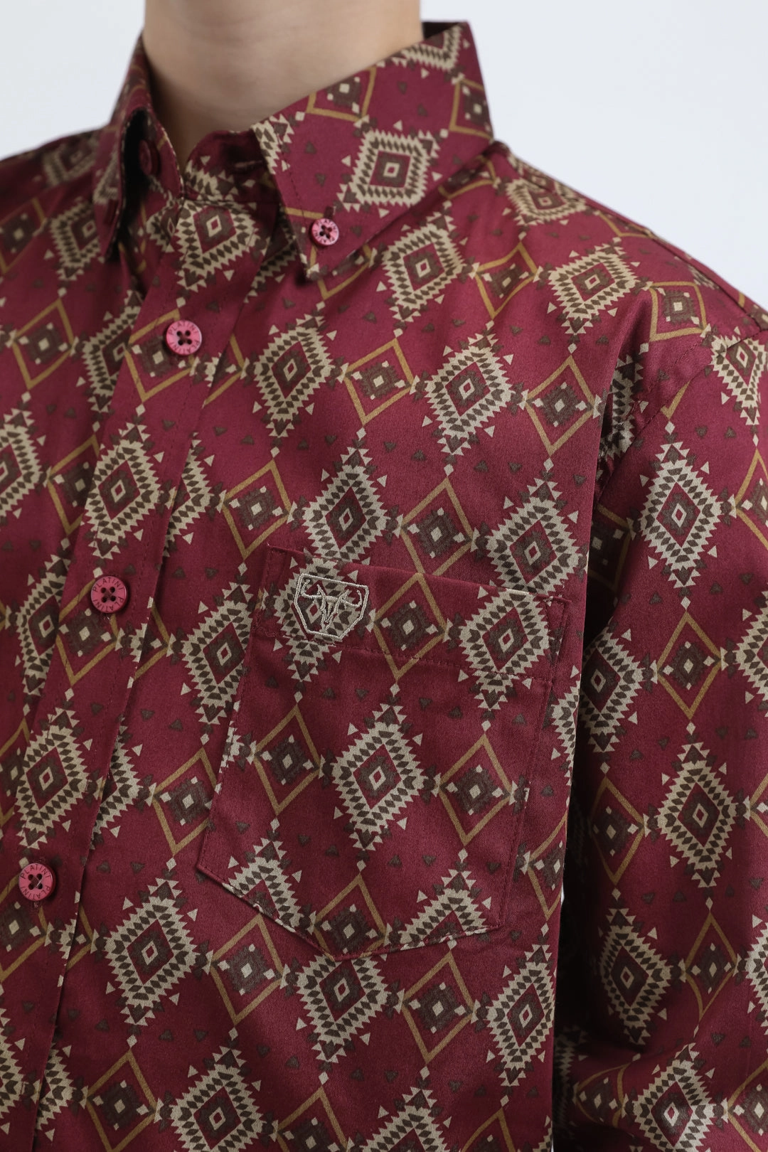 Kid's Cotton Monogram Digital Print Burgundy Dress Shirt Casual Vibe