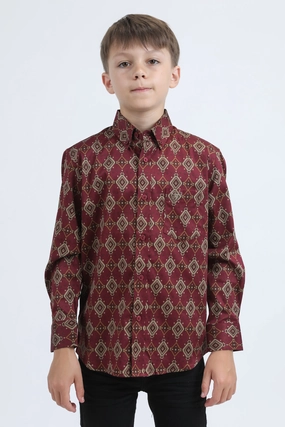 Reinforced Seams Kid's Cotton Monogram Digital Print Burgundy Dress Shirt