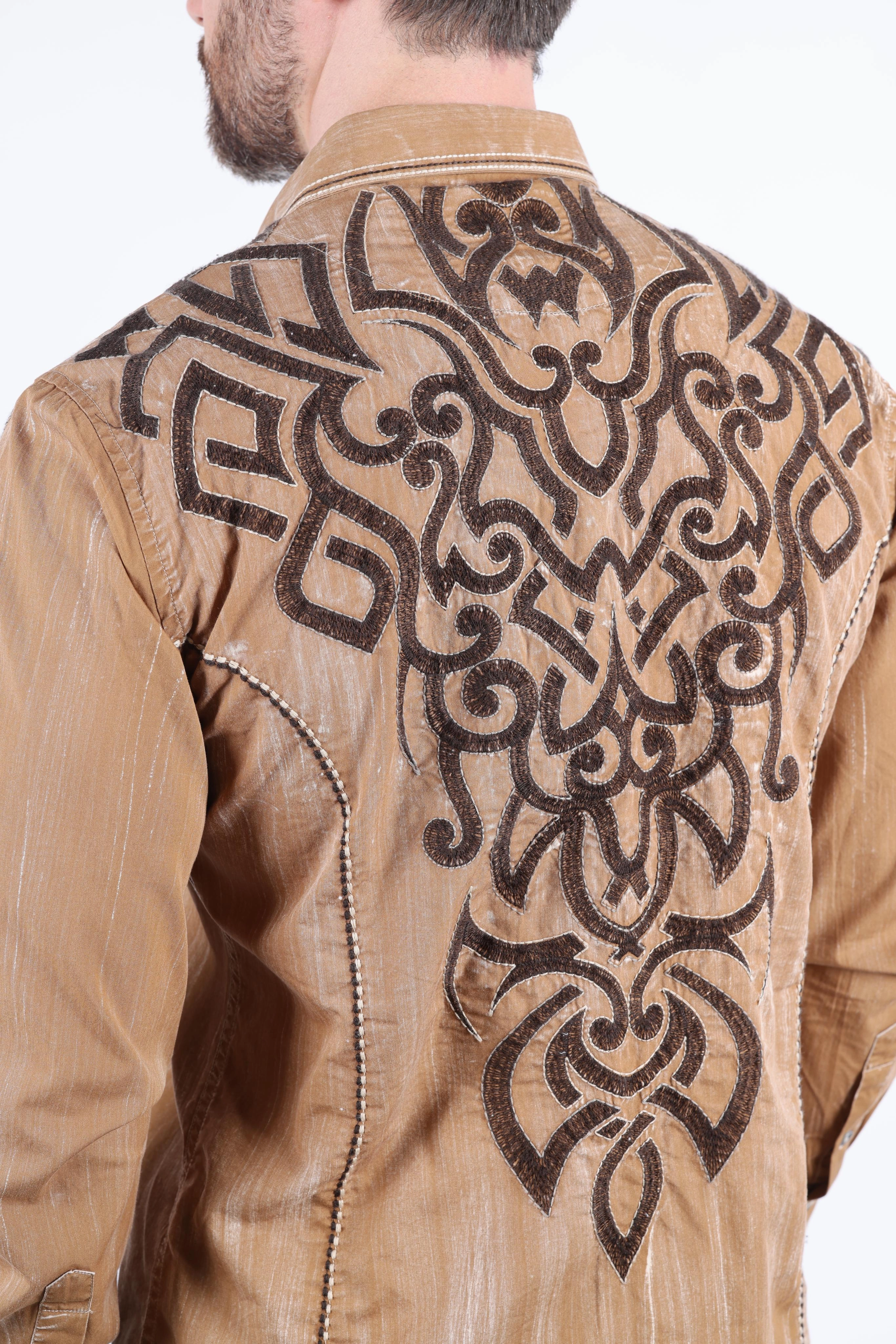 garden party Mens Vintage Washed 2-tone Embroidery Modern Fit Stretch Shirt