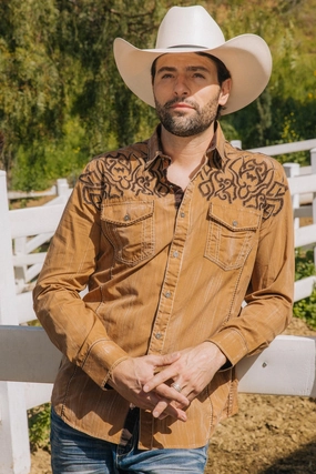 Earthy Palette Mens Vintage Washed 2-tone Embroidery Modern Fit Stretch Shirt