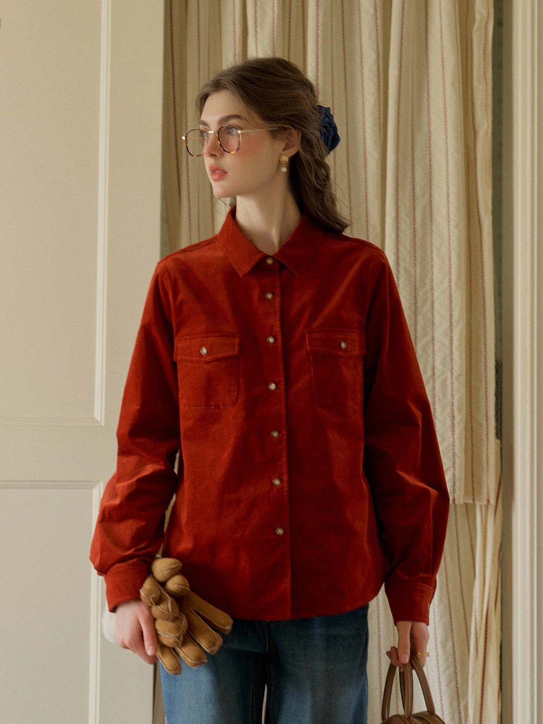 Anais Classic Notched Collar Pocket Corduroy Shirt - Red Chic Accessory