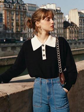 Selena Polo Contrast Collar 100% Wool Black Knit Sweater Work Mix