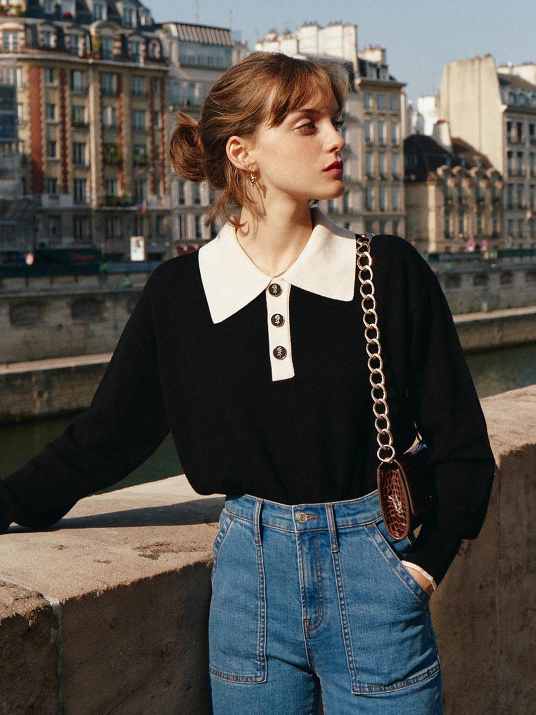 Selena Polo Contrast Collar 100% Wool Black Knit Sweater Metro Mode Fashion Layers