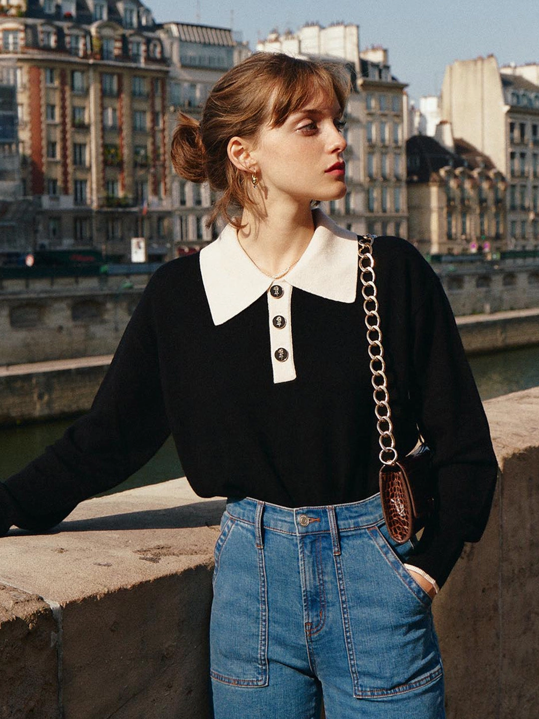 Functional Fit China Cool Selena Polo Contrast Collar 100% Wool Black Knit Sweater