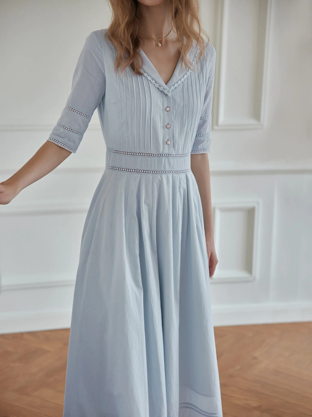 Fiona 100% Cotton Gray Blue Midi Dress Basic Wear