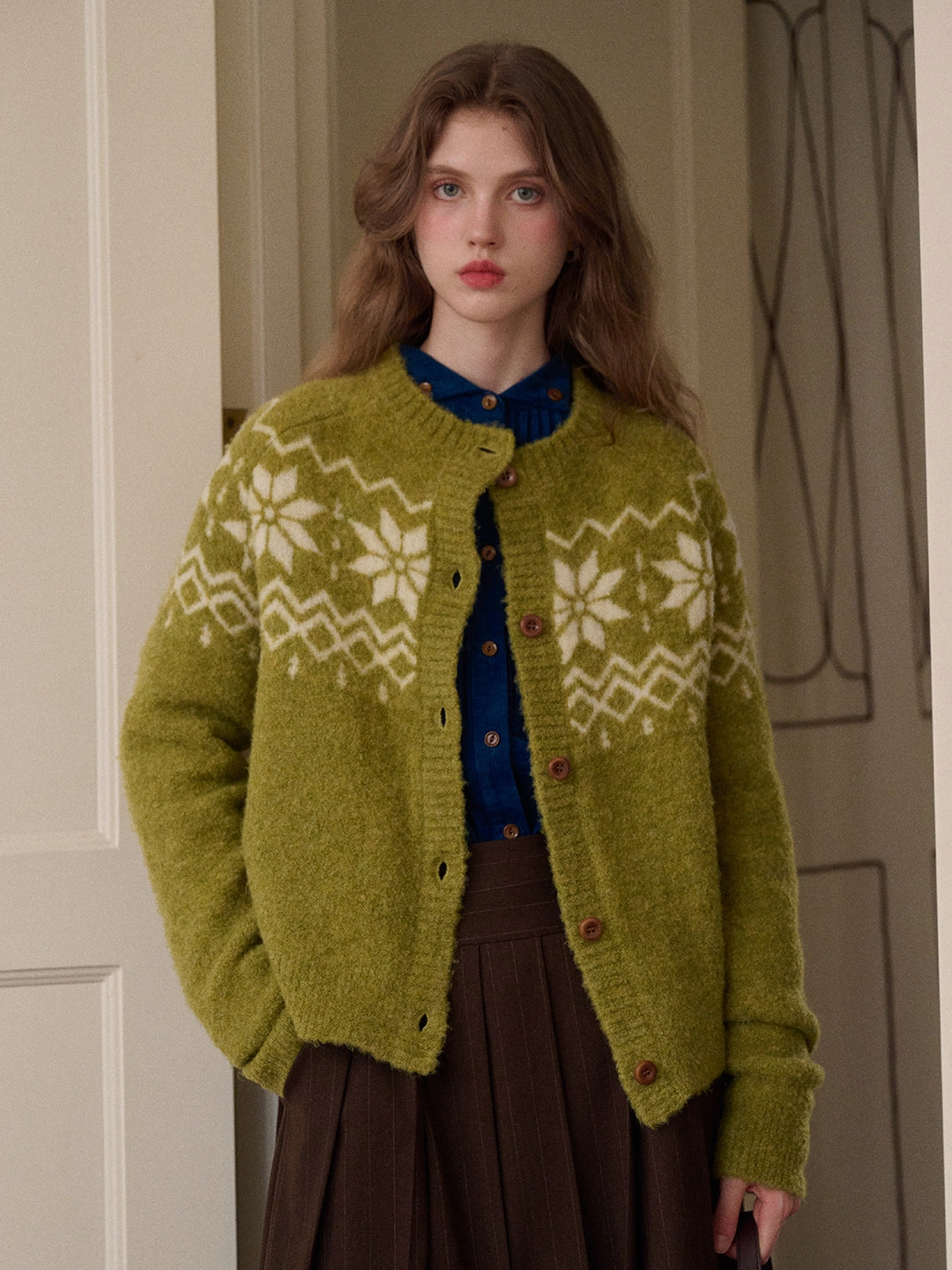 Placket Closure warm fleece Cleo Round Neck Jacquard Cardigan