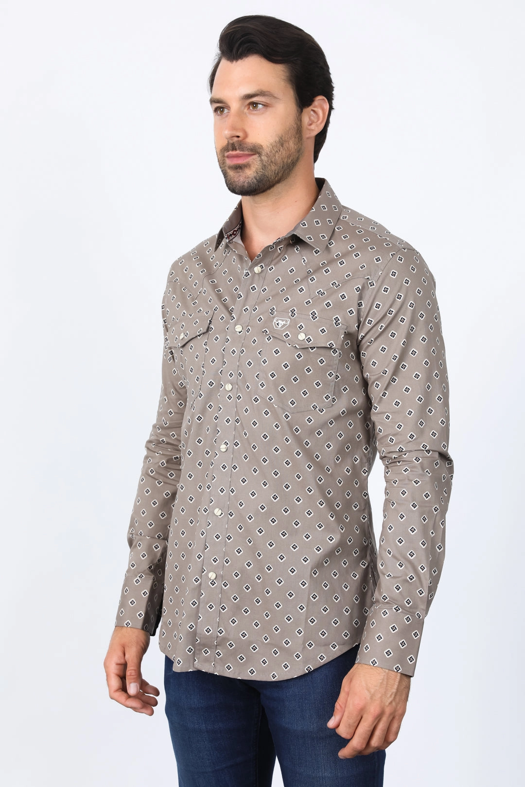 Lightweight Fabric Printed design Mens Western Modern Fit Mink Long Sleeve Shirt with Snaps