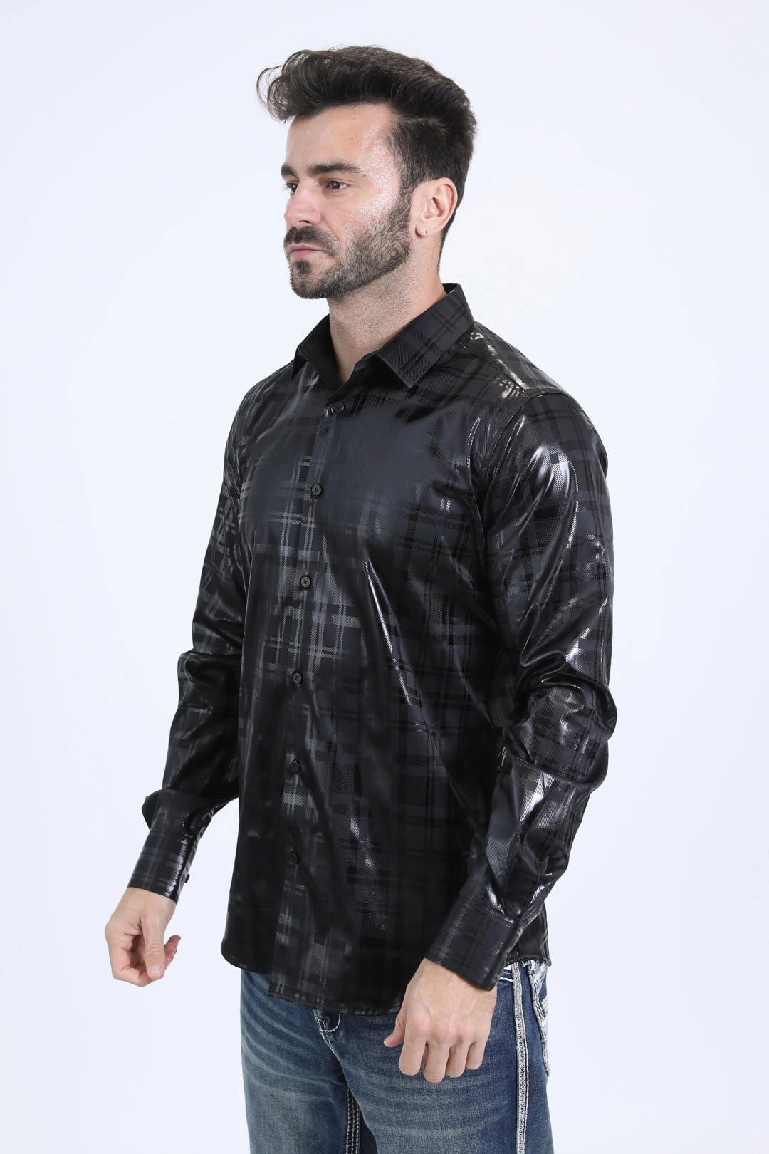 Trendy designs Retro Vibe Mens Modern Fit Stretch Foil Fashion Black Shirt