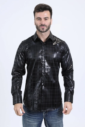 High-End Fabric Casual Friday Mens Modern Fit Stretch Foil Fashion Black Shirt