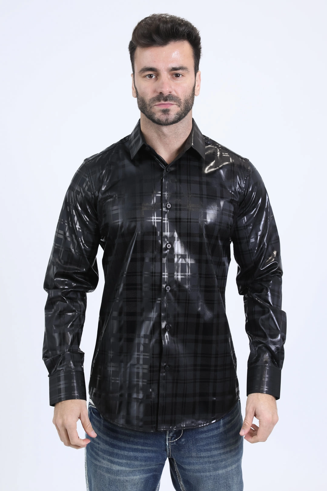 High-End Fabric Casual Friday Mens Modern Fit Stretch Foil Fashion Black Shirt