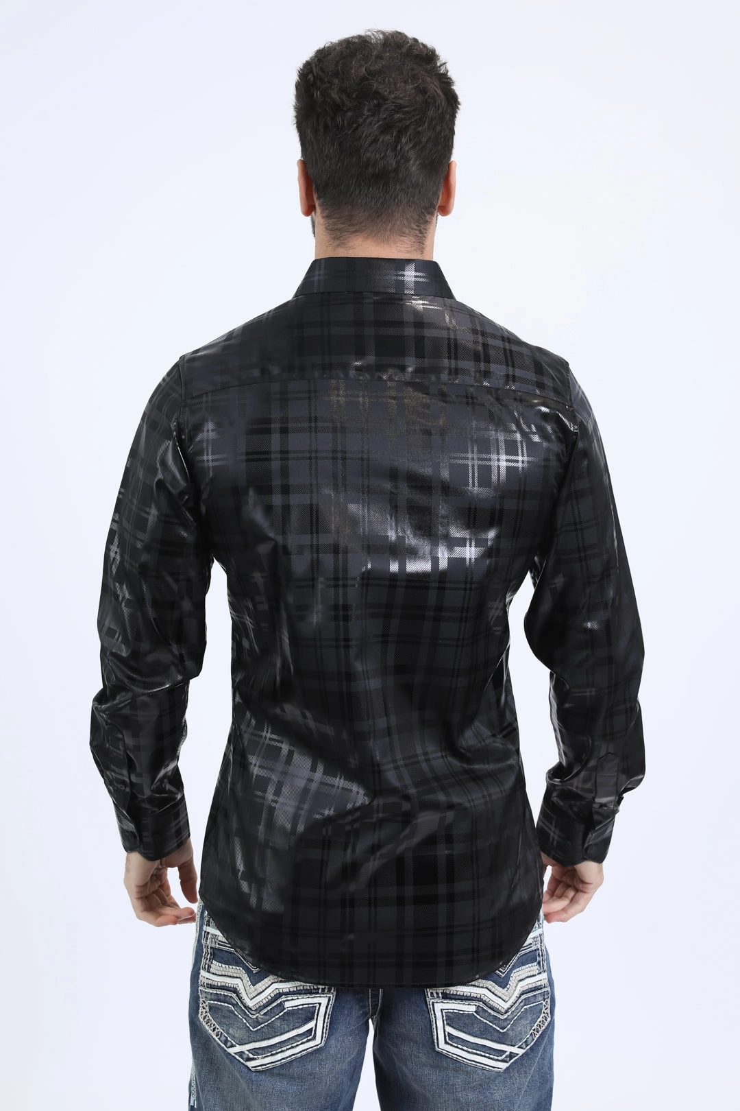 Business casual Durable Texture Mens Modern Fit Stretch Foil Fashion Black Shirt