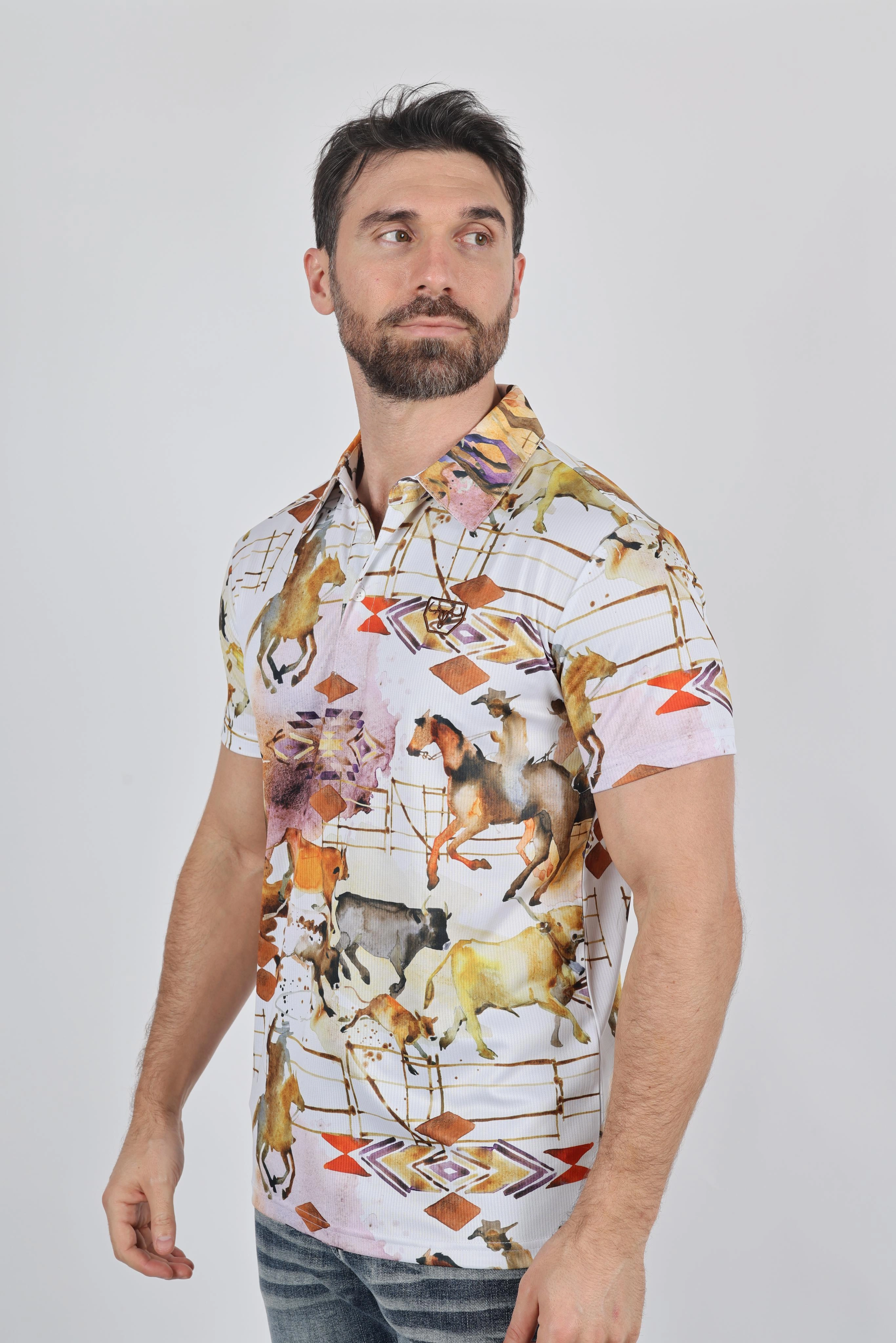 Mens Performance Fabric Modern Fit Stretch Rodeo Print Polos Cozy Top
