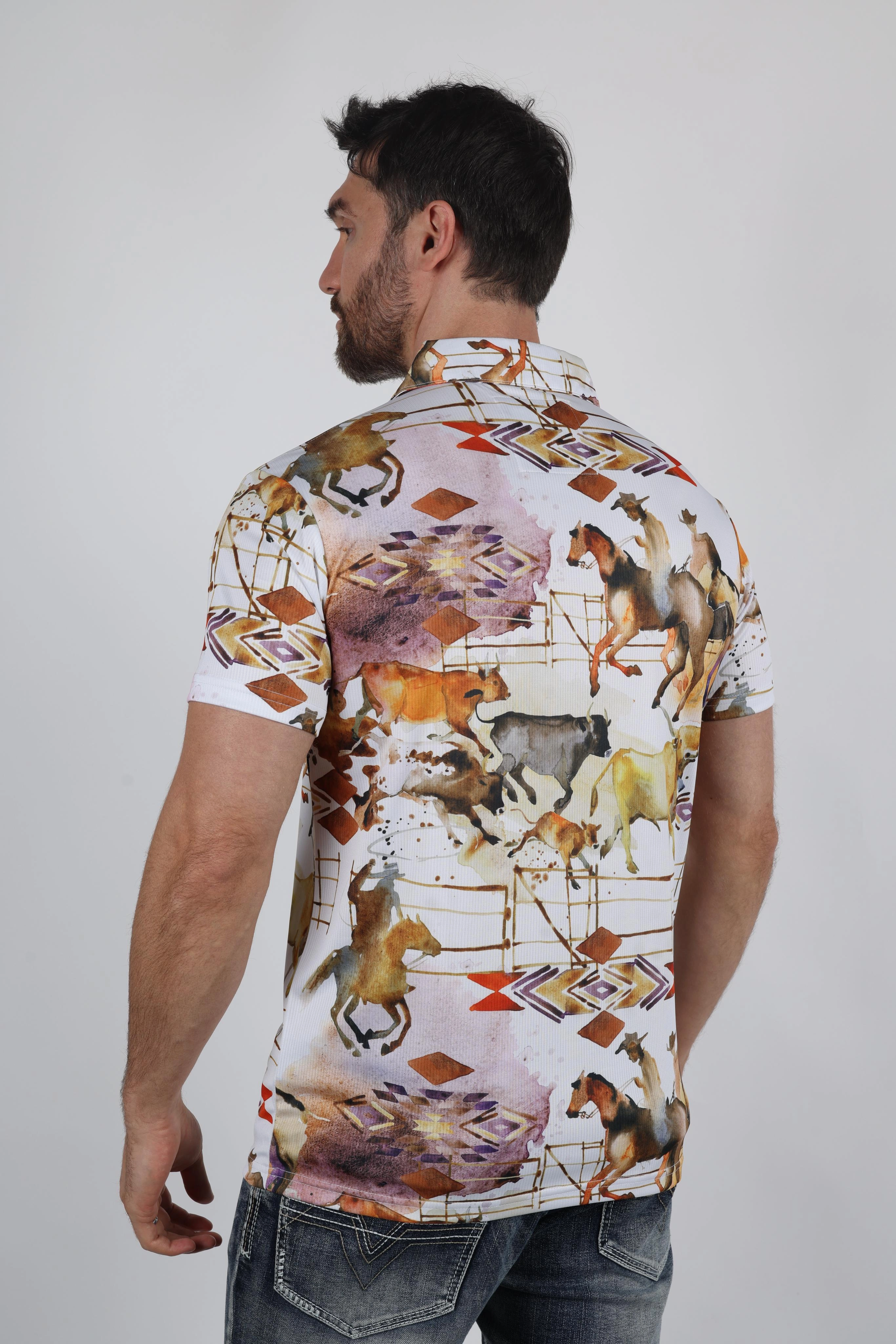 All-day Flex Moisture control Mens Performance Fabric Modern Fit Stretch Rodeo Print Polos