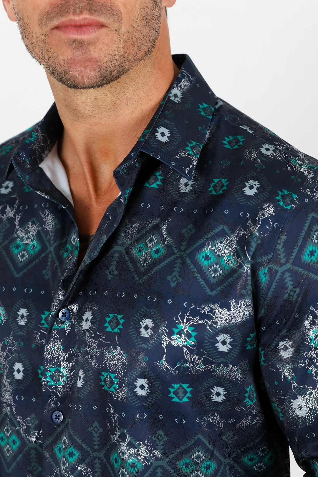 Mens Modern Fit Stretch Foiled Shirt - Navy Slim Silhouette