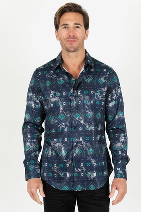 Checkered Style Pure Cotton Mens Modern Fit Stretch Foiled Shirt - Navy