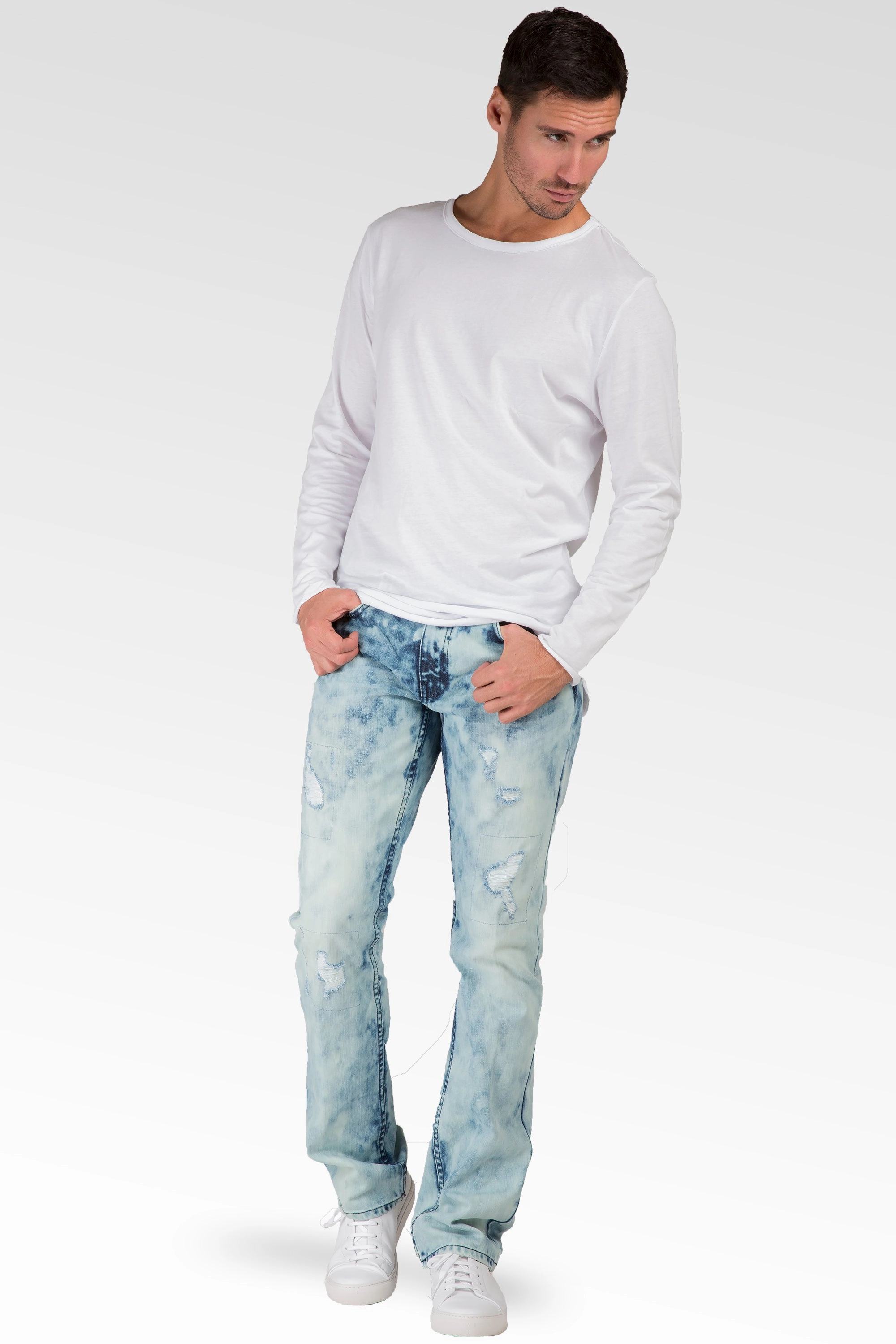 Slim Straight Blue Lava Washed Premium Denim Signature 5 Pocket Jeans Ripped & Repaired Simple Fashion