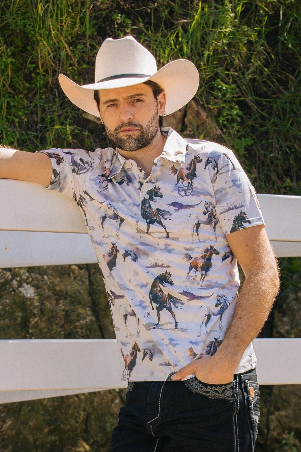 Mens Performance Fabric Modern Fit Stretch Rodeo Print Polos Outdoor Comfort