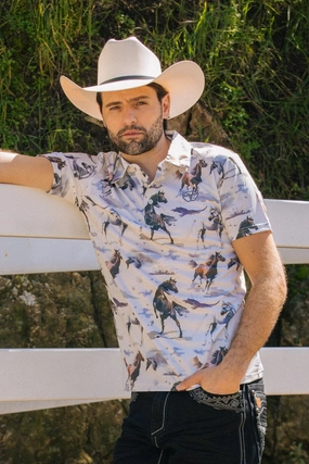 Mens Performance Fabric Modern Fit Stretch Rodeo Print Polos Outdoor Comfort