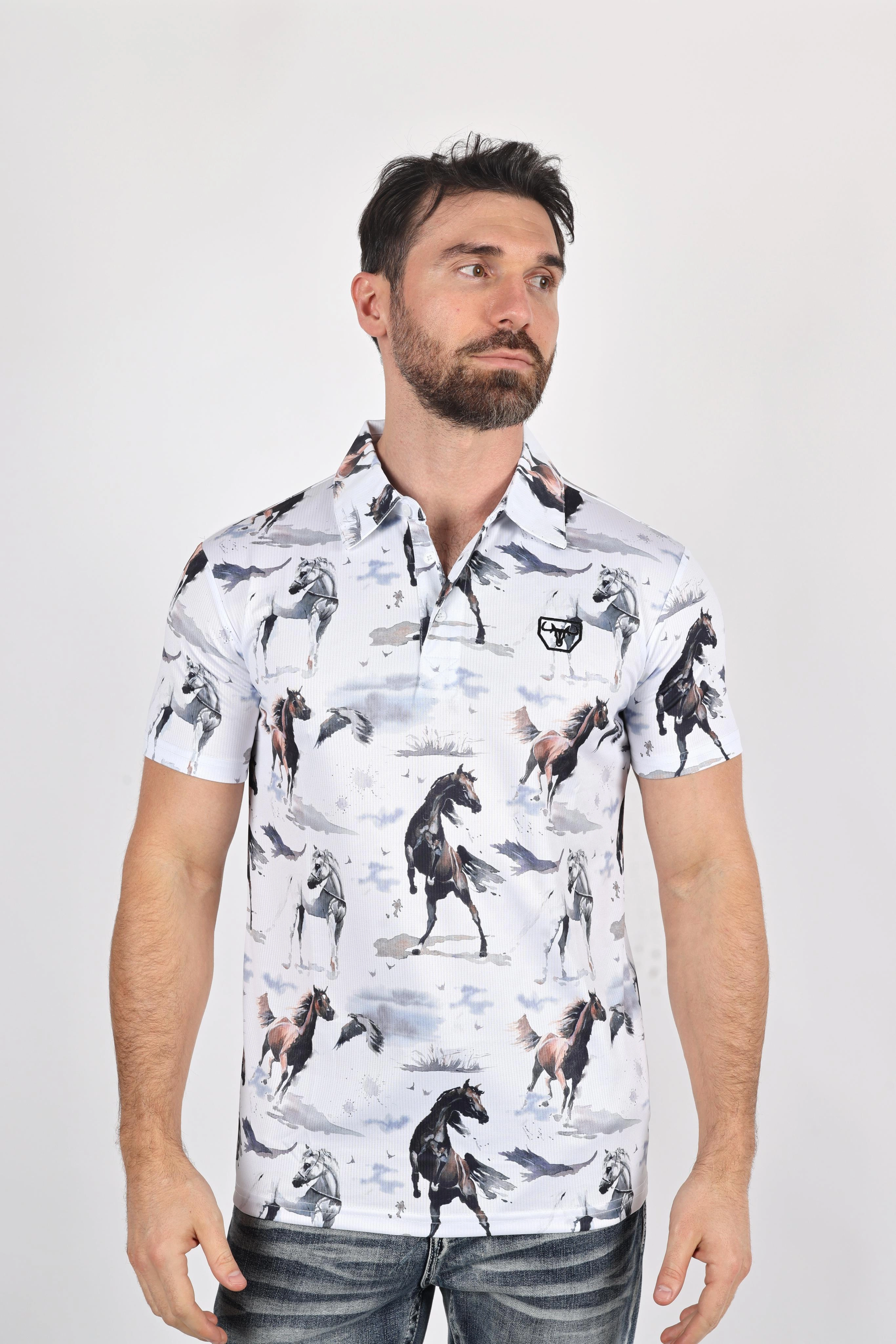 Soft Touch ButtonDown Collar Mens Performance Fabric Modern Fit Stretch Rodeo Print Polos