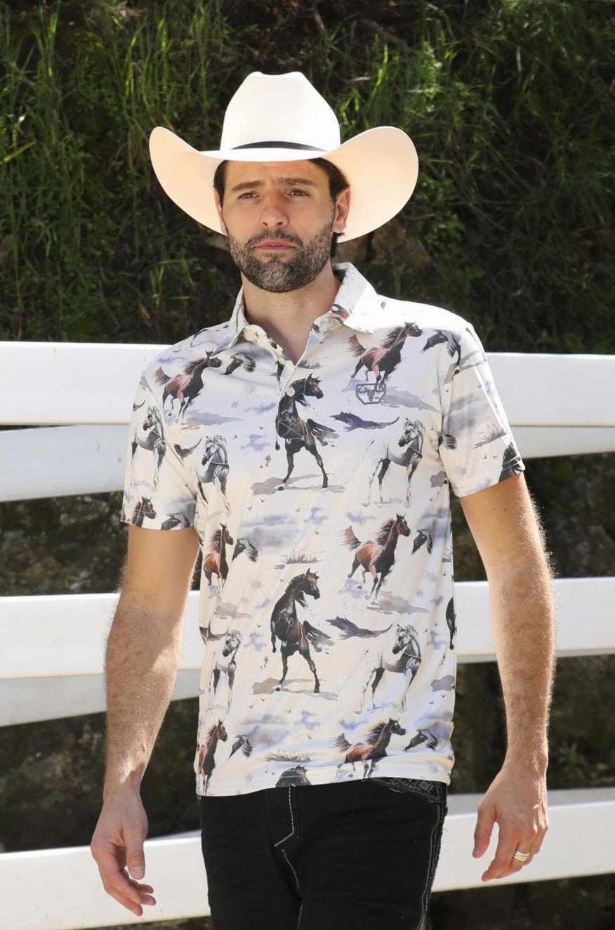 Mens Performance Fabric Modern Fit Stretch Rodeo Print Polos Fitted Wear