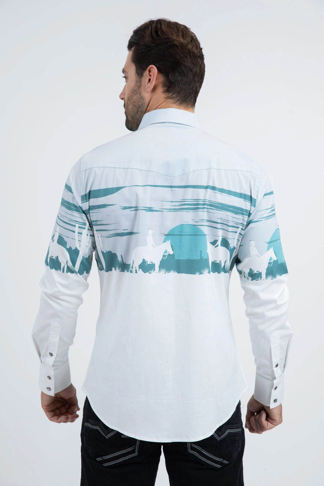 Streamlined Design Business casual Men's Modern Fit Cotton Stretch Rodeo Panoramic Print White Shirt