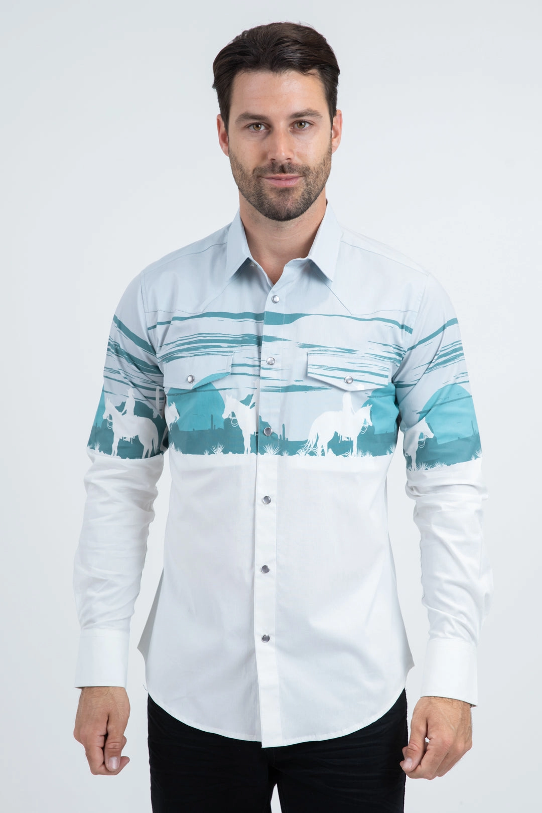 Split hem Stylish Appearance Men's Modern Fit Cotton Stretch Rodeo Panoramic Print White Shirt