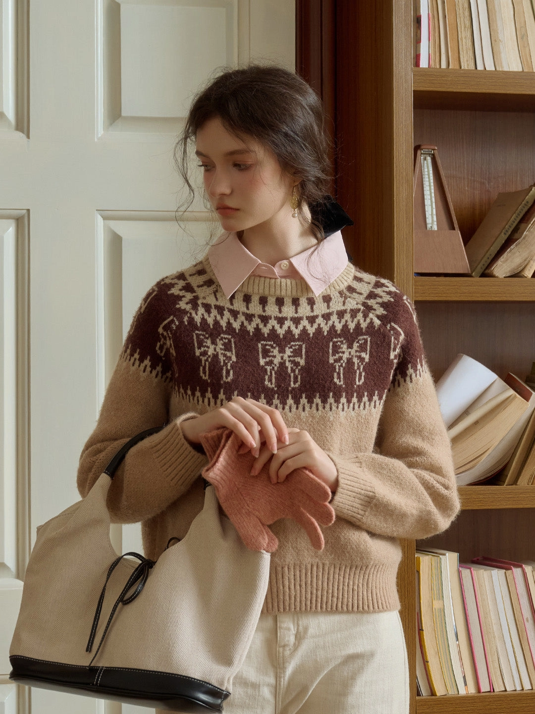 Amayah Sweet Bow Jacquard Classic Crew Neck Fair Isle Sweater Accessory Fashion Stretchable Waistband