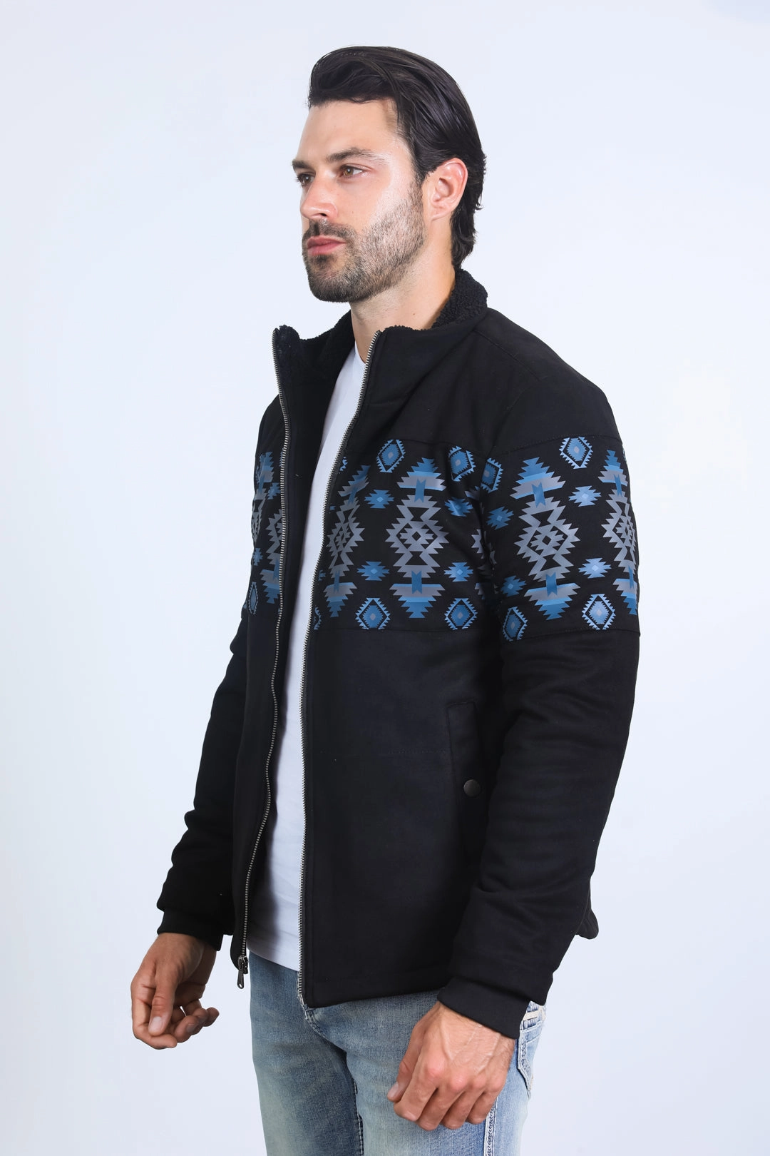 Hot Core LightweightKnit Men's Ethnic Aztec Quilted Fur Lined Black Jacket