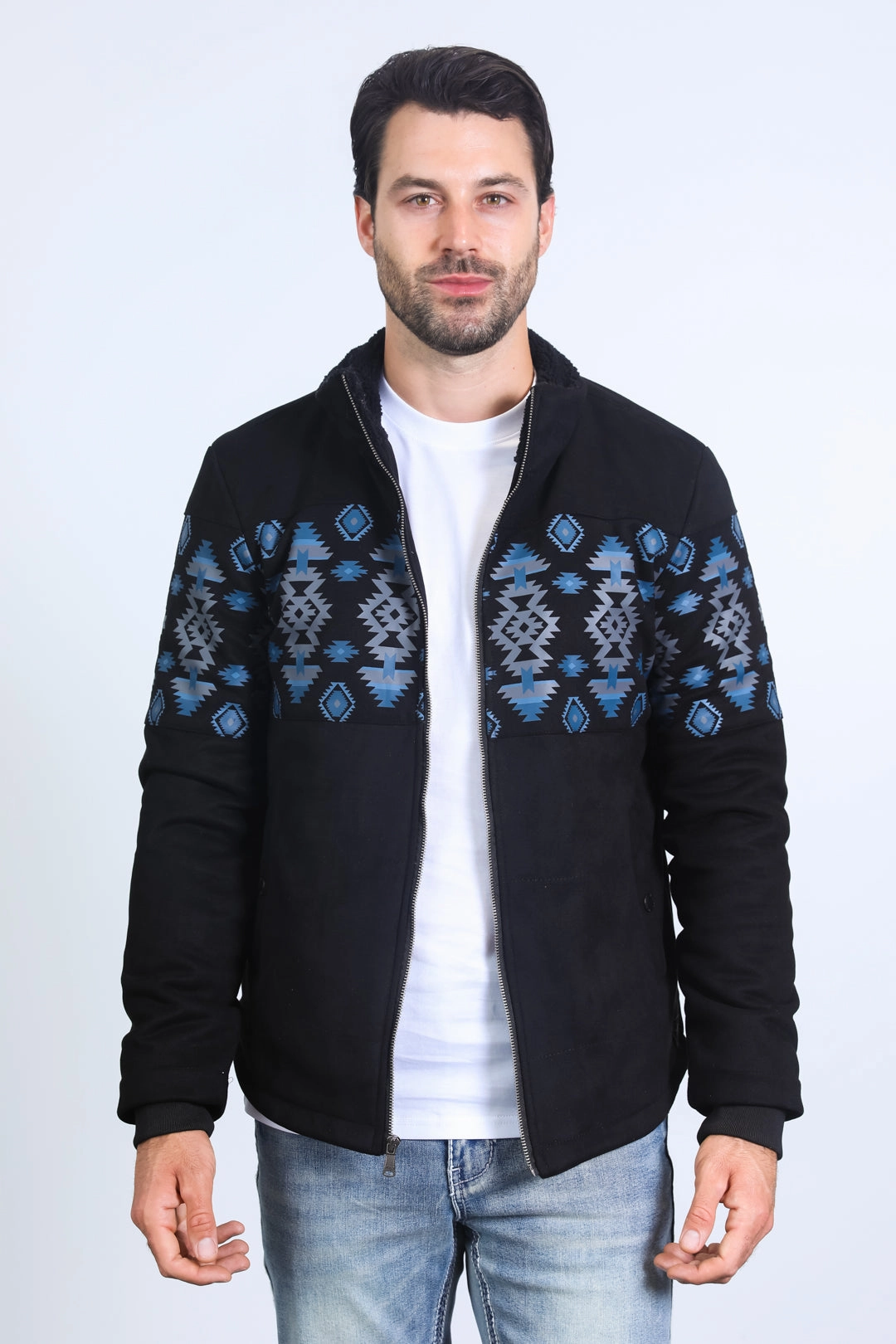 ShockAbsorbent Padding Swim Easy Men's Ethnic Aztec Quilted Fur Lined Black Jacket