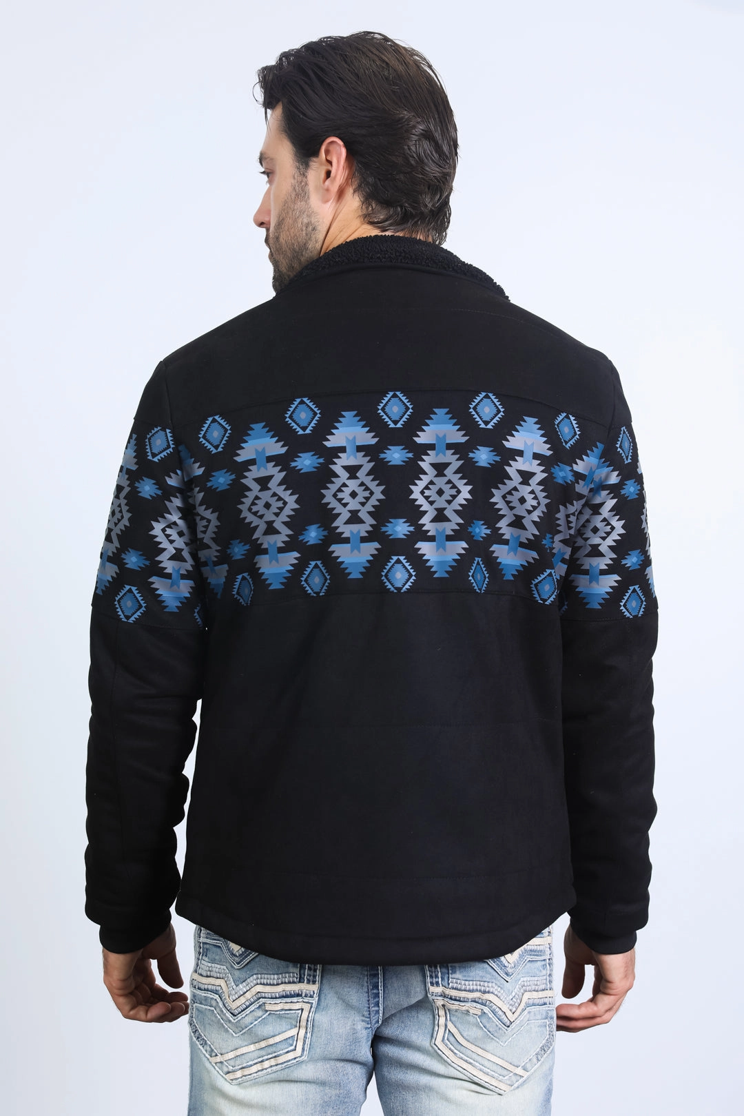 Men's Ethnic Aztec Quilted Fur Lined Black Jacket Calm Wave