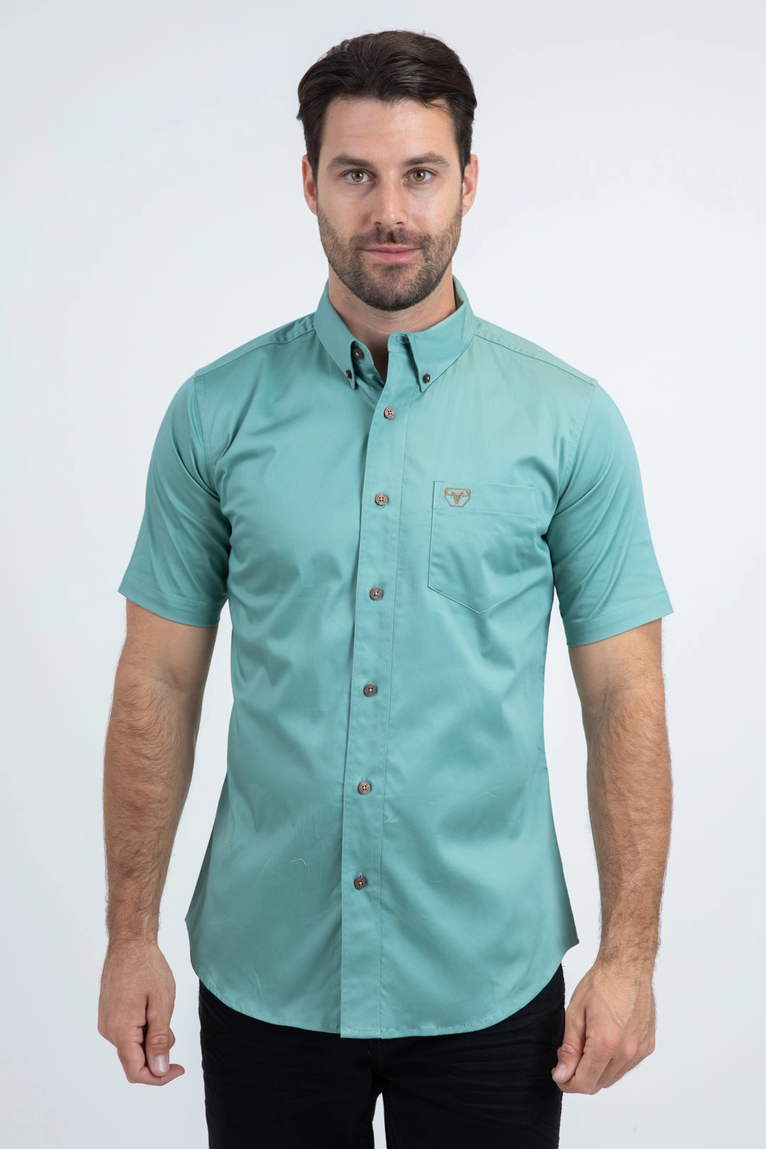Men??s Single Pocket Logo Modern Fit Stretch Turquoise Short Sleeve Shirt Ruffle Edge