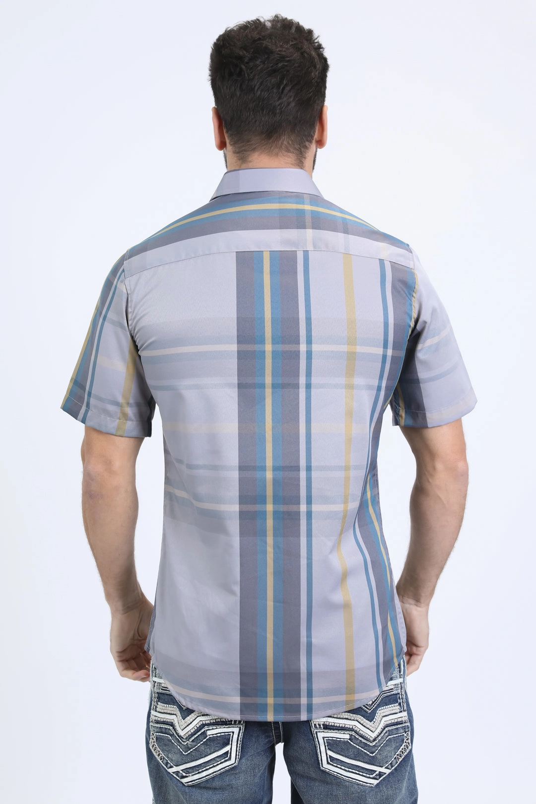 Mens Checkered Short Sleeve Lt. Grey Shirt Anti Static Lining Relaxed Wear