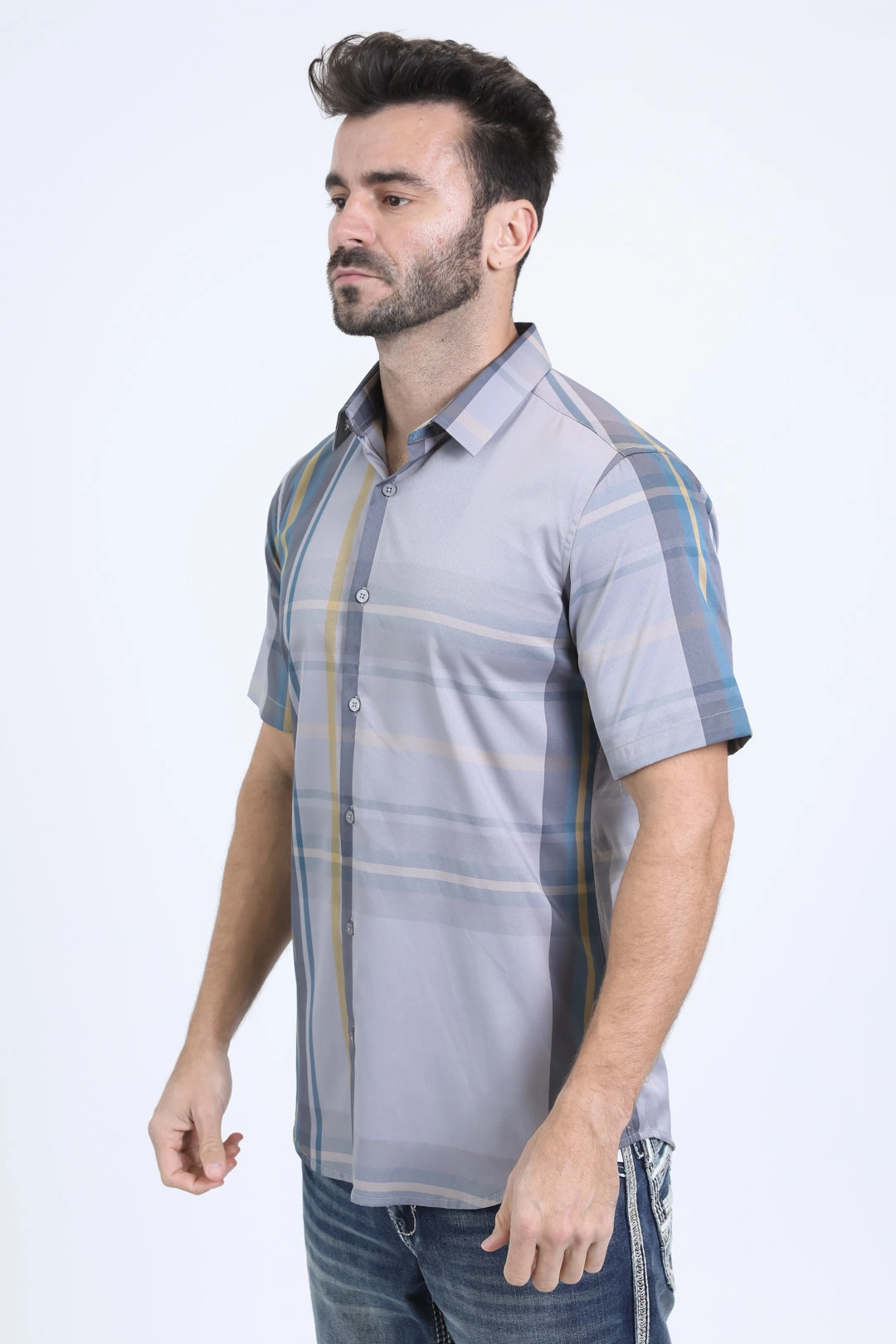 Mens Checkered Short Sleeve Lt. Grey Shirt Travel Essential Adjustable Cuffs