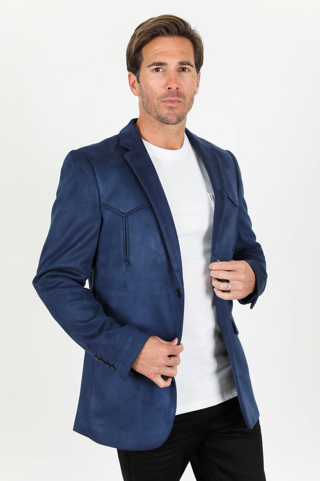 Men's Double Button Faux-Suede Blazer - Navy Sharp Cut Clean Fit