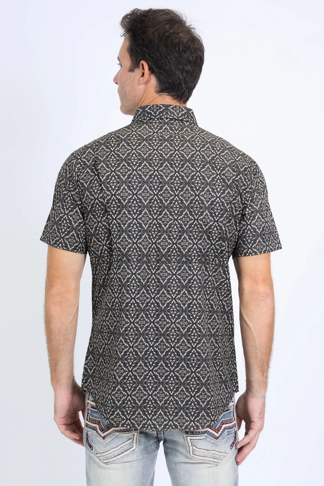 Trendsetting Design Easy Styling Mens Performance Western Short Sleeve Aztec Print Black/Brown Shirt