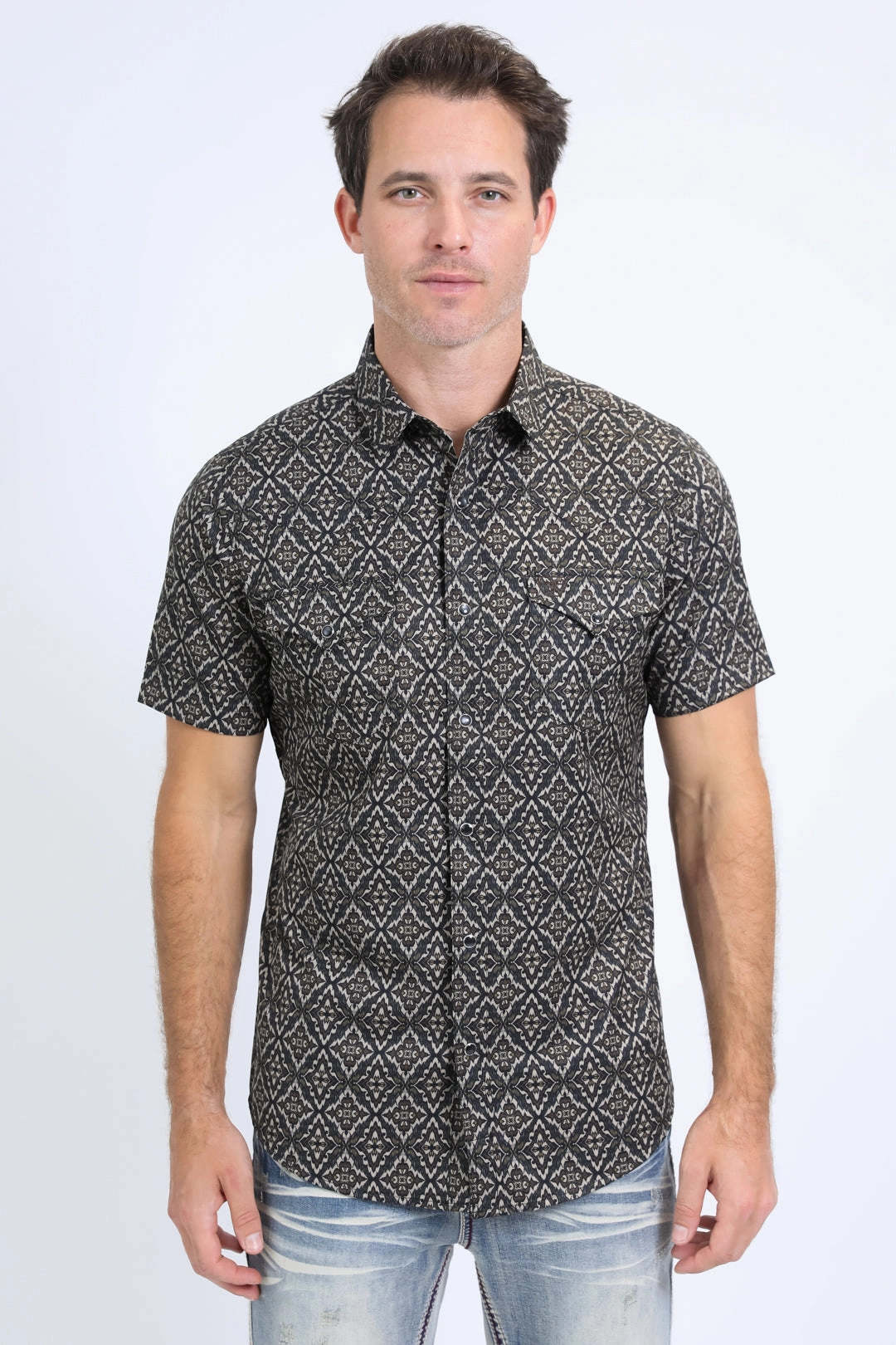 Mens Performance Western Short Sleeve Aztec Print Black/Brown Shirt Picnic Outfit Hypoallergenic Lining