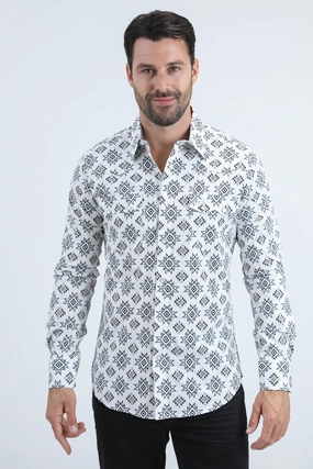 Mens Western Modern Fit Cotton/Spandex Long Sleeve White Shirt with Snaps Premium Style Boho chic