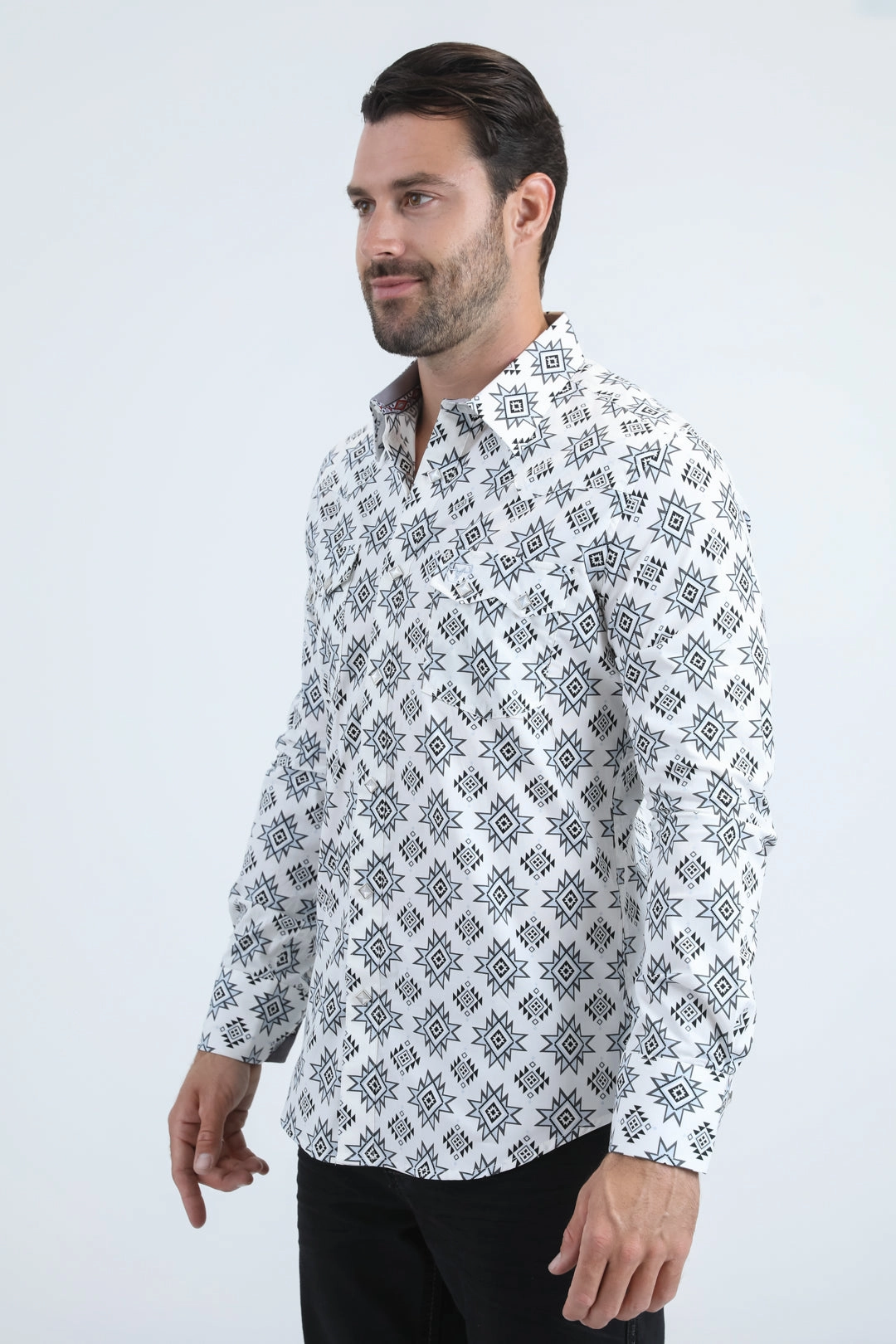 Mens Western Modern Fit Cotton/Spandex Long Sleeve White Shirt with Snaps Polished Finish