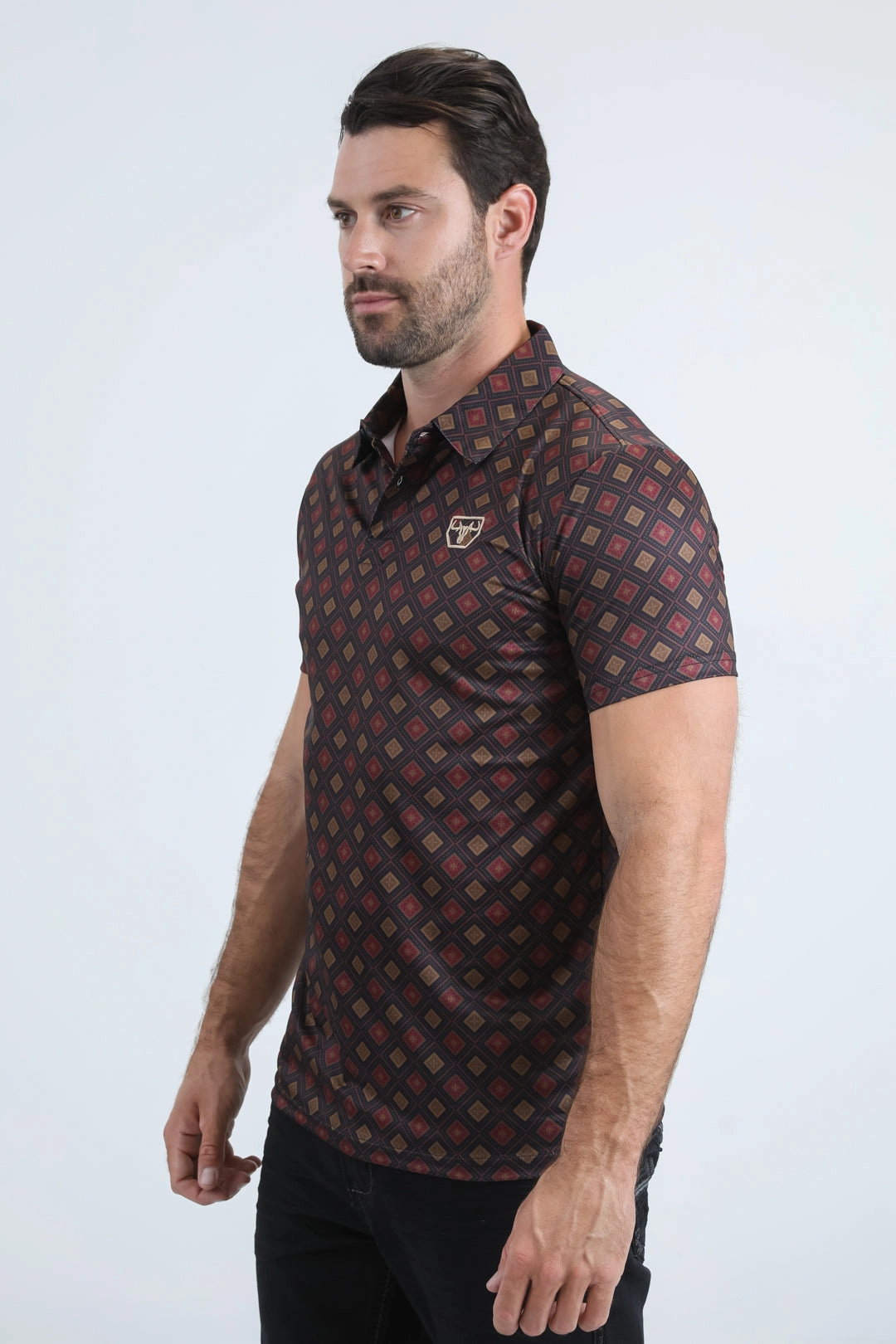 Mens Performance Fabric Modern Fit Stretch Aztec Print Black Polo Timeless Style Layered Hem Reinforcement