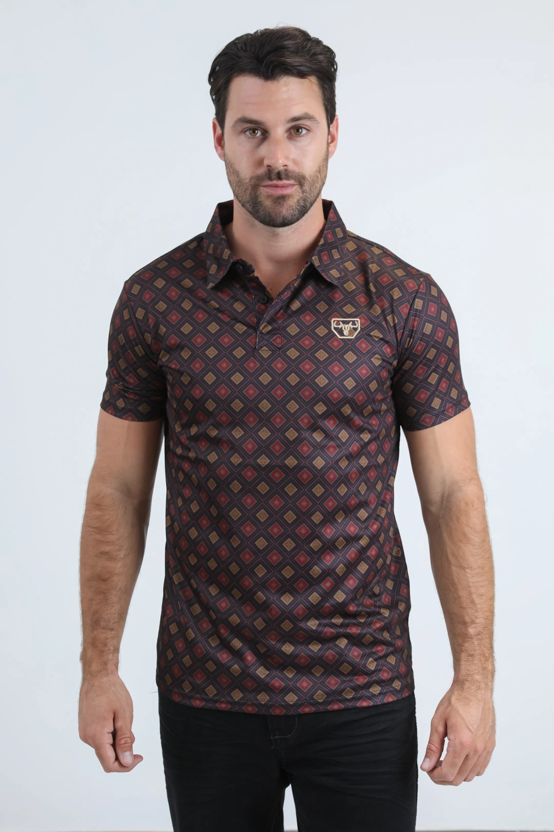 Premium Wear Stylish Neckline Mens Performance Fabric Modern Fit Stretch Aztec Print Black Polo