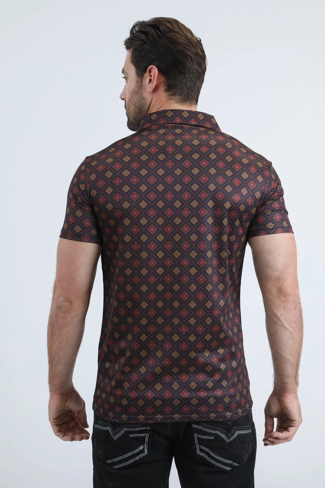 comfortable top Refined Style Mens Performance Fabric Modern Fit Stretch Aztec Print Black Polo