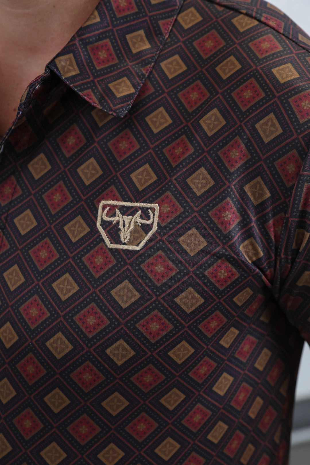 NonIron Finish Sleek Design Mens Performance Fabric Modern Fit Stretch Aztec Print Black Polo