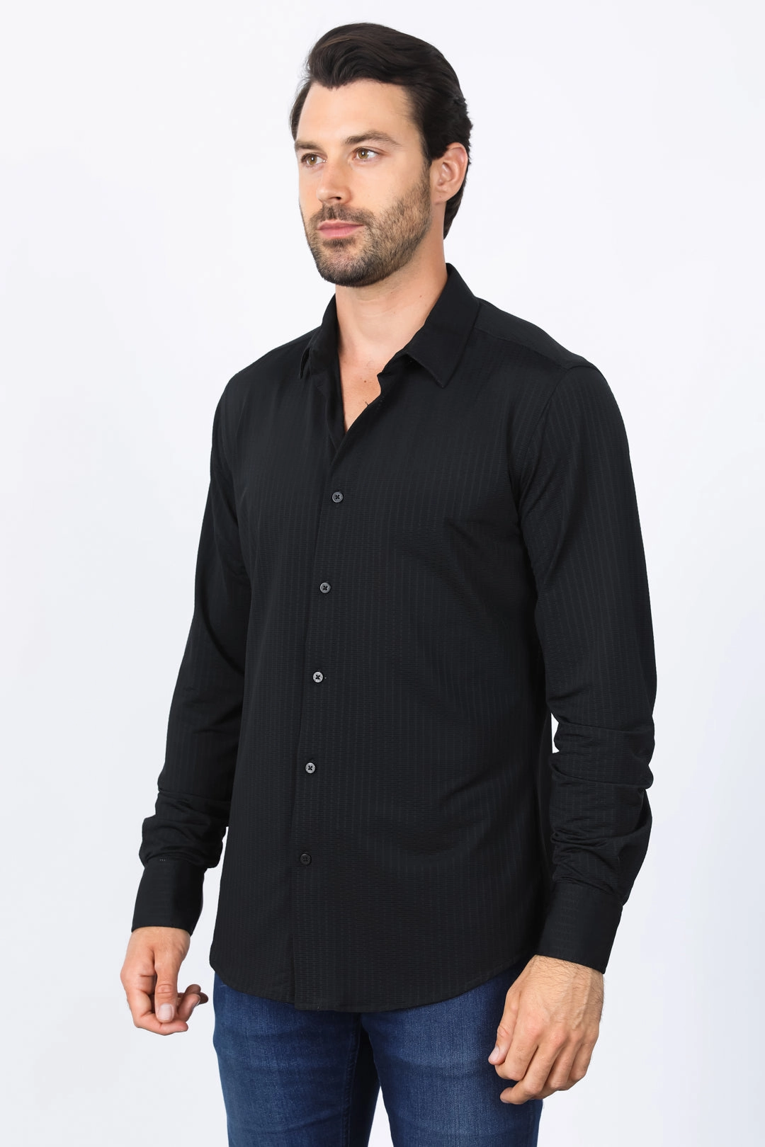 Easy Care Material Airflow Ventilation System Men??s Modern Fit Stretch Dress Shirt - Black